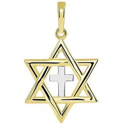 14k Yellow Gold Jewish Star of David with Religious Cross Judeo Christian Pendant (Small)