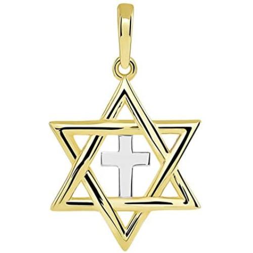 14k Yellow Gold Jewish Star of David with Religious Cross Judeo Christian Pendant (Small)