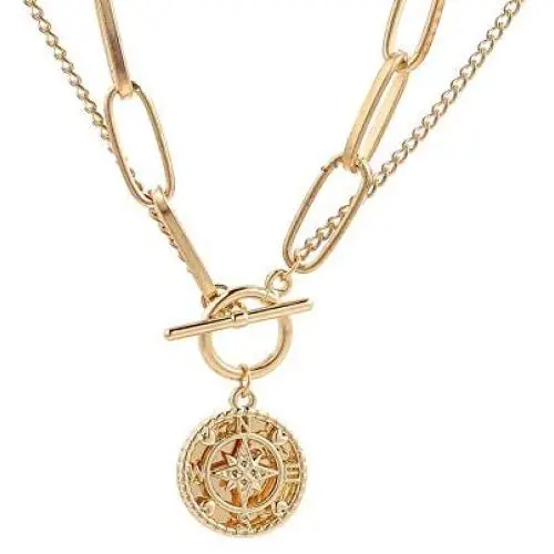 Gold Chunky Thick Link Chain Necklace Compass Coin Pendant Toggle Necklace Charm Minimalist Jewelry for Women Men Teen Girls Gold Chunky Thick Link Chain Necklace Compass Coin Pendant Toggle Necklace Charm Minimalist Jewelry for Women Men Teen Girls