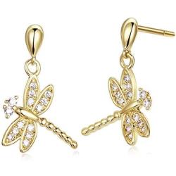 Agvana Sterling Silver Gold Cubic Zirconia Dragonfly Dangle Earrings Bracelet Pendant Necklace Anniversary Birthday Gifts Jewelry for Women Girls Mom Grandma Wife Girlfriend Daughter Her