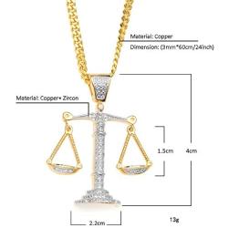 charlinliol Scales of Justice Necklace Balance Libra Pendant Gold Plated Copper Necklace Zircon Iced Out Jewery for Men and Women Chain 24 inches
