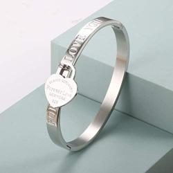 ❤Forever Love Gift❤ JINHUI Jewelry Silver Color Bangle Bracelet Heart Pendant Forever Love Letters Engraved Bangle Bracelet for Women Size 6.5 (Silver)
