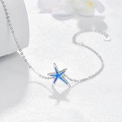 925 Sterling Silver with Blue Fire Opal Starfish Adjustable Bracelet, Beach Nautical Jewelry Easter Mother Day Gift for Women Girlfriend Daughter with Gift Box