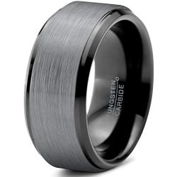 Charming Jewelers Tungsten Wedding Band Ring 10mm Men Women Comfort Fit 18k Yellow Rose Gold Black Grey Step Bevel Edge Brushed Polished