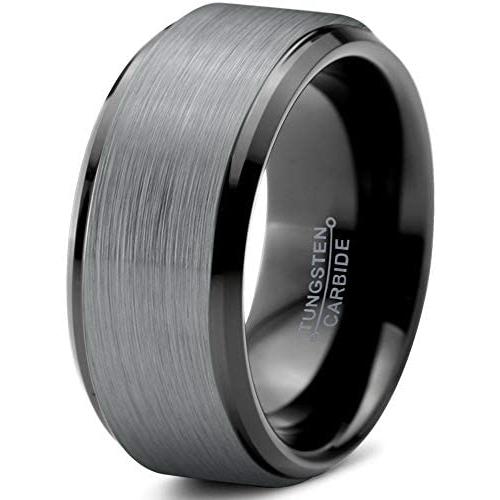 Charming Jewelers Tungsten Wedding Band Ring 10mm Men Women Comfort Fit 18k Yellow Rose Gold Black Grey Step Bevel Edge Brushed Polished