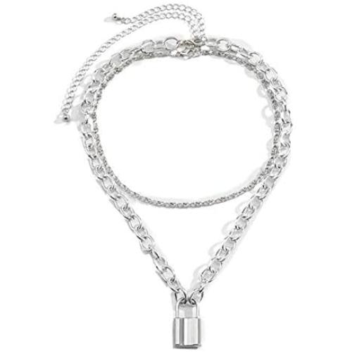 Lock Pendant Necklace Statement Long Chain Punk Multilayer Choker Necklace for Women Girls