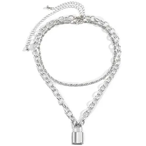 Lock Pendant Necklace Statement Long Chain Punk Multilayer Choker Necklace for Women Girls Lock Pendant Necklace Statement Long Chain Punk Multilayer Choker Necklace for Women Girls