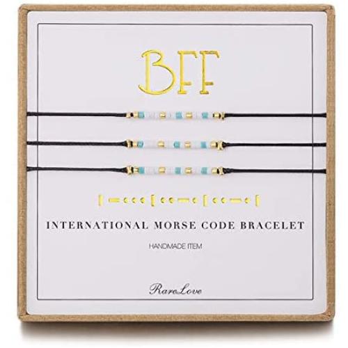3 Pieces BFF Friendship Morse Code Bracelet Birthday Best Friends Gift For 3 Women Girls Blue White Tiny Pony Seed Beads Black String Bracelets