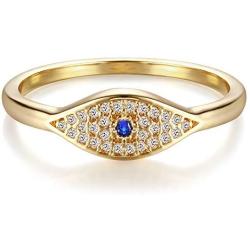 VACRONA Dainty Gold Evil Eye Ring 14K Gold Plated Simulated Sapphire Ring White CZ Micro Pave Ring Stackable Eternity Ring Protection Ring Gift for Her