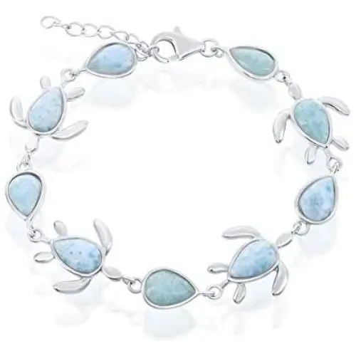 Sterling Silver Turtle & Pear-Shaped Natural Larimar Link Bracelet Sterling Silver Turtle & Pear-Shaped Natural Larimar Link Bracelet