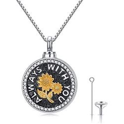 Sunflower Urn Locket Necklace S925 Sterling Silver Cremation Jewelry for ashes - Always With You Memorial Keepsake Sunflower Jewelry Gifts for Family Members Pets