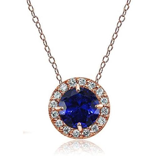 Ice Gems Rose Gold Flashed Sterling Silver Genuine, Created or Simulated Gemstone Cubic Zirconia Accents Round Halo Necklace