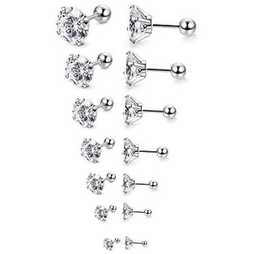 7 Pairs 20g Cubic Zirconia Stud Earrings for Women Men Girls Cartilage Stainless Steel Helix Tragus Barbell Round CZ Pack Multi-Piercing Hypoallergenic Jewelry Gifts 2mm-8mm