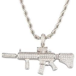 Rapper Men Women Hip Hop Golden Jewelry, Unisex Iced Out AK47 Gun Pendant Necklace for Rapper with Rope Chain