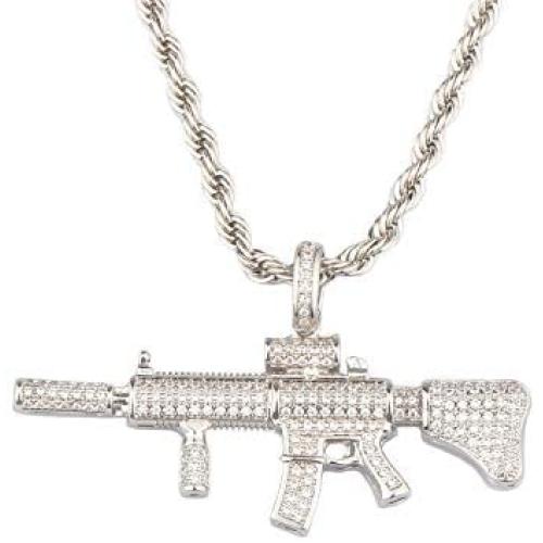 Rapper Men Women Hip Hop Golden Jewelry, Unisex Iced Out AK47 Gun Pendant Necklace for Rapper with Rope Chain