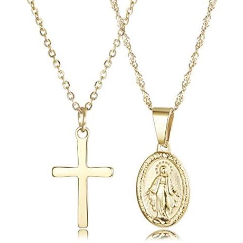 Finrezio 14K Gold-Plated Catholic Christian Jewelry Cross and Virgin Mary Pendant Necklace for Women Multilayer Necklace Set