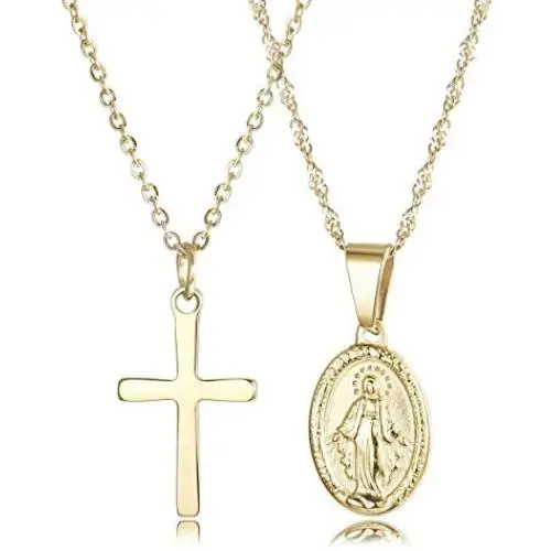 Finrezio 14K Gold-Plated Catholic Christian Jewelry Cross and Virgin Mary Pendant Necklace for Women Multilayer Necklace Set Finrezio 14K Gold-Plated Catholic Christian Jewelry Cross and Virgin Mary Pendant Necklace for Women Multilayer Necklace Set