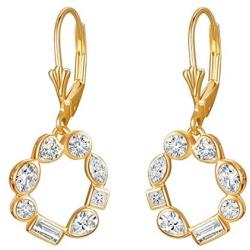 E 18K Gold Plated Leverback Drop Earrings for Women, Round Dangle Earring with Rainbow Cubic Zirconia, 925 Sterling Silver Secure Lever-back