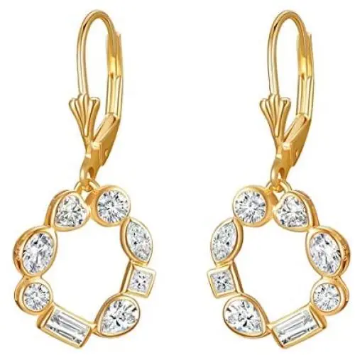 E 18K Gold Plated Leverback Drop Earrings for Women, Round Dangle Earring with Rainbow Cubic Zirconia, 925 Sterling Silver Secure Lever-back E 18K Gold Plated Leverback Drop Earrings for Women, Round Dangle Earring with Rainbow Cubic Zirconia, 925 Sterling Silver Secure Lever-back