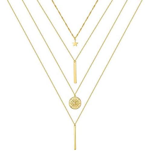 Turandoss Gold Layered Necklaces for Women - 14K Gold Plated Handmade Multilayer Bar Pearls Coin Disc Moon Butterfly Medallion Adjustable Dainty Layered Choker Necklaces for Women Jewelry