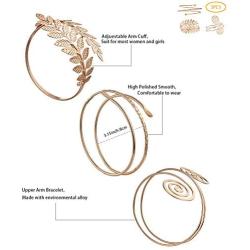 Hicarer 3 Pieces Upper Arm Bracelet Gold Metal Coil Swirl Leaf Armband Cuff Fashion Simple Arm Bangle Armlet Adjustable for Women Girls