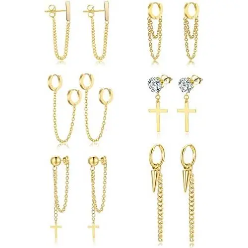 Ofeiyaa 6 Pairs Stainless Steel Small Hoop Chain Earrings Cross Dangle Hinged Hoop Earrings for Women Girls Men CZ Stud Earrings Huggie Helix Cartilage Tragus Daith Piercing Silver Gold Tone Ofeiyaa 6 Pairs Stainless Steel Small Hoop Chain Earrings Cross Dangle Hinged Hoop Earrings for Women Girls Men CZ Stud Earrings Huggie Helix Cartilage Tragus Daith Piercing Silver Gold Tone