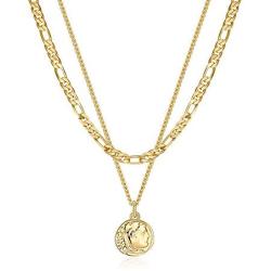 Turandoss Gold Coin Necklaces for Women, 14K Gold Plated Coin Pendant Medallion Necklace Evil Eye Elizabeth Moon and Star Sun Paperclip Chain Medallion Vintage Coin Necklaces for Women Jewelry