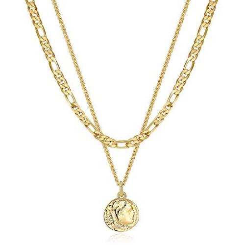 Turandoss Gold Coin Necklaces for Women, 14K Gold Plated Coin Pendant Medallion Necklace Evil Eye Elizabeth Moon and Star Sun Paperclip Chain Medallion Vintage Coin Necklaces for Women Jewelry