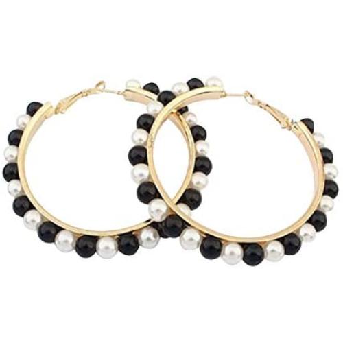 Large Hoop Dangle Earring Black White Pearl Earring With Stainless Steel Pin Big Circle Loop Earrings For Women Girls Jewelry