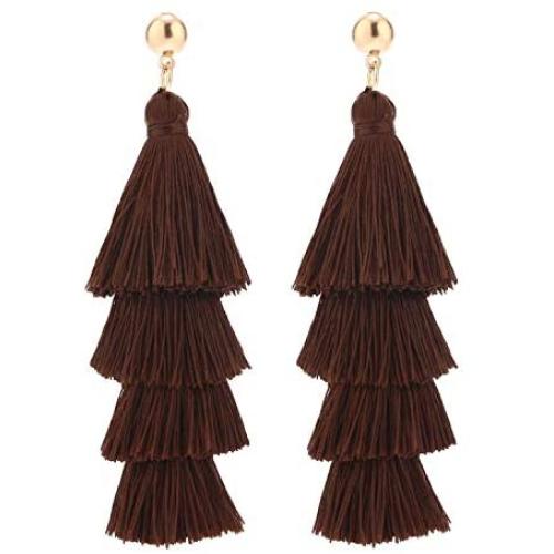 BaubleStar Tassel Earrings Handmade Tiered Thread Tassel Dangle Earrings, Multi Colors