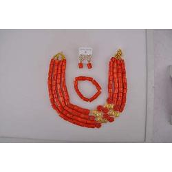laanc Highly Necklace Jewelry Sets Natural Coral 4 Rows Orange-Gold Nigerian Women African Beads A-039D