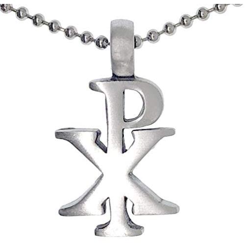 CHI-RHO Symbol Constantine Christian Jewelry Monogram Christogram XP Cross Chirho Jesus Christ name bible verse JN8:12 pewter UNISEX Mens Pendant Necklace Charm Protection Amulet w Silver ball Chain
