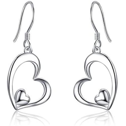 WINNICACA Sterling Silver Sideways Shaped Heart Dangle Drop Hooks Stud Earrings Jewelry Gifts for Women Birthday