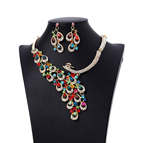 Campsis Gold Bride Wedding Statement Necklace Bridal Crystal Peacock Neckalce Earrings Jewelry Set for Women