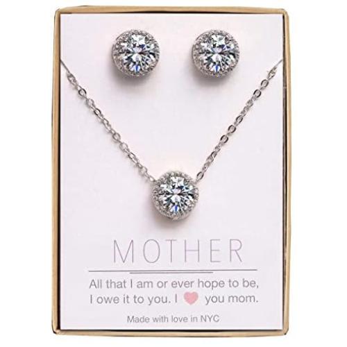 A+O Mother of the Bride or Groom Gift - Round Stud Earrings and Necklace Jewelry set in Silver, Yellow Gold, Rose Gold
