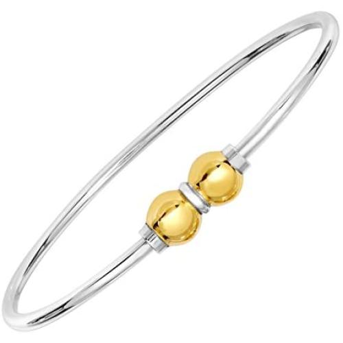 Solid 925 Sterling Silver And 14K Gold Double Ball Designer Cuff Bangle Bracelet.