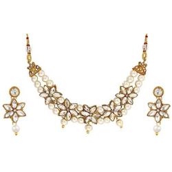 Saissa Kundan Pearl Choker Indian Necklace Earrings Jewelry Set for Girls and Women