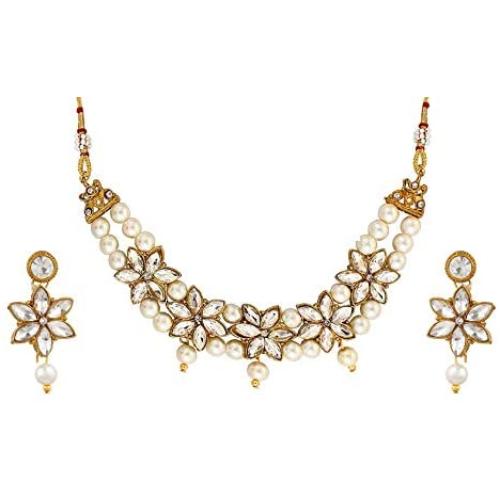 Saissa Kundan Pearl Choker Indian Necklace Earrings Jewelry Set for Girls and Women