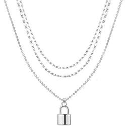YOOE Multilayer Silver Lock Necklace Punk Metal Lock 3-layer Choker Necklace Geometric Lock Type Clavicle Egirl Y Necklace for Women Girl