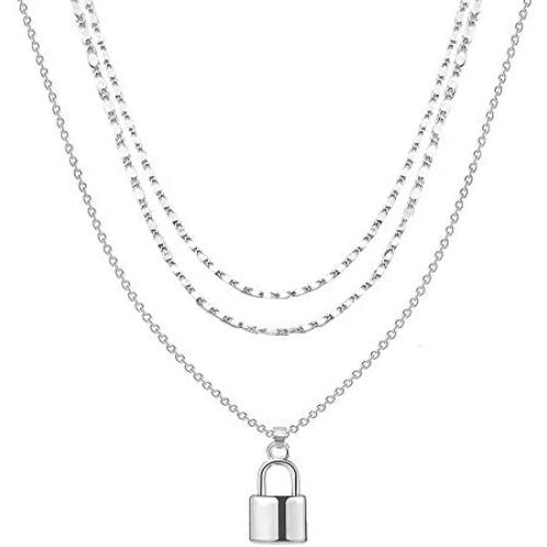 YOOE Multilayer Silver Lock Necklace Punk Metal Lock 3-layer Choker Necklace Geometric Lock Type Clavicle Egirl Y Necklace for Women Girl