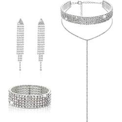 Hicarer Diamond Tassel Jewelry Set, Rhinestone Stretch Bracelet Long Chandelier Tassel Dangle Earrings Plated Gothic Long Choker Tassel Necklaces