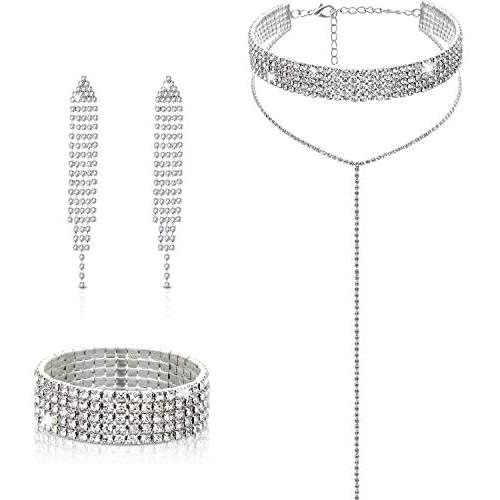 Hicarer Diamond Tassel Jewelry Set, Rhinestone Stretch Bracelet Long Chandelier Tassel Dangle Earrings Plated Gothic Long Choker Tassel Necklaces