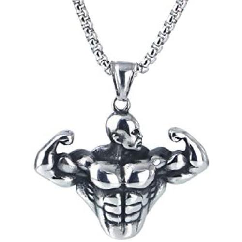 AMGJ Bodybuilding Muscle Man Wrestling Barbell Dumbbell Pendant Necklaces Stainless Steel Gym Fitness Necklace Men