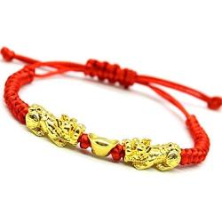 Feng Shui The Best Red String Bracelet with Double Pi Xiu/Pi Yao and Golden Wealth Ingots Bracelet Jewelry Attract Wealth and Good Luck