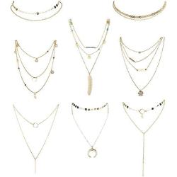 Hanpabum 8Pcs Gold Tone Layered Necklaces Sexy Long Choker Chain Bohemia Y Necklace Bar Feather Pendent Necklace Set