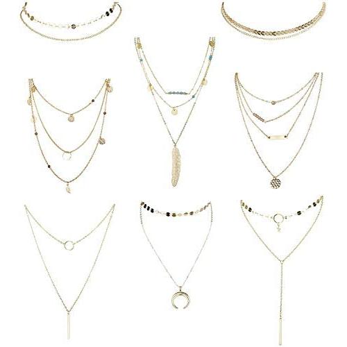 Hanpabum 8Pcs Gold Tone Layered Necklaces Sexy Long Choker Chain Bohemia Y Necklace Bar Feather Pendent Necklace Set