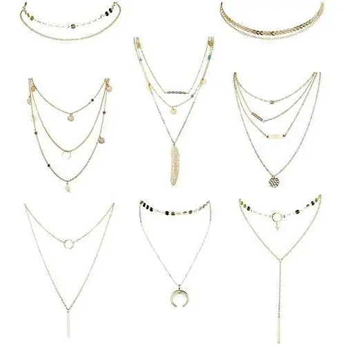 Hanpabum 8Pcs Gold Tone Layered Necklaces Sexy Long Choker Chain Bohemia Y Necklace Bar Feather Pendent Necklace Set