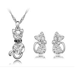 Comelyjewel Premium Quality 4 Pcs Fashion Zircon Crystal Cat Necklace Animal Earrings Jewelry Set Silver blue