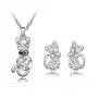 Comelyjewel Premium Quality 4 Pcs Fashion Zircon Crystal Cat Necklace Animal Earrings Jewelry Set Silver blue