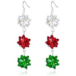 Christmas Bows Flower Piercing Dangle Earrings Red Green White Silver Plated Women Girls Holiday